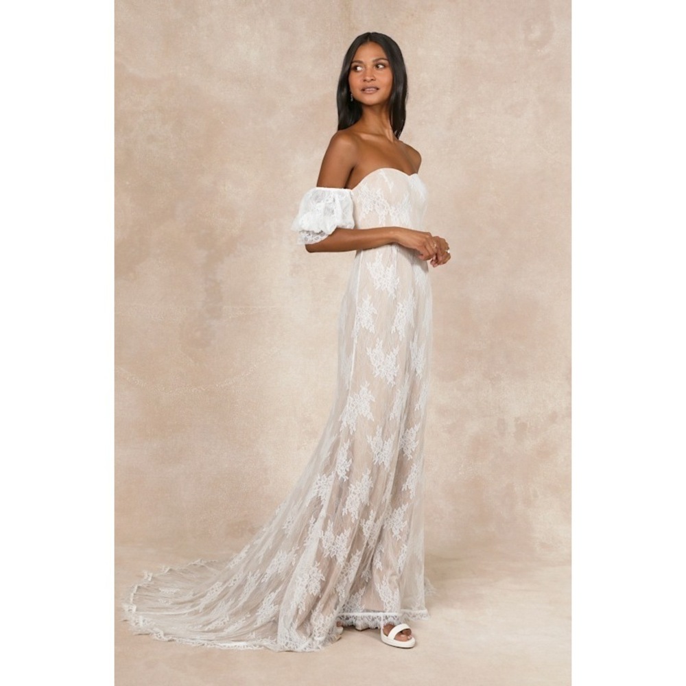 New - Loving Beauty White Lace Puff Sleeve Off-the-Shoulder Maxi Dress